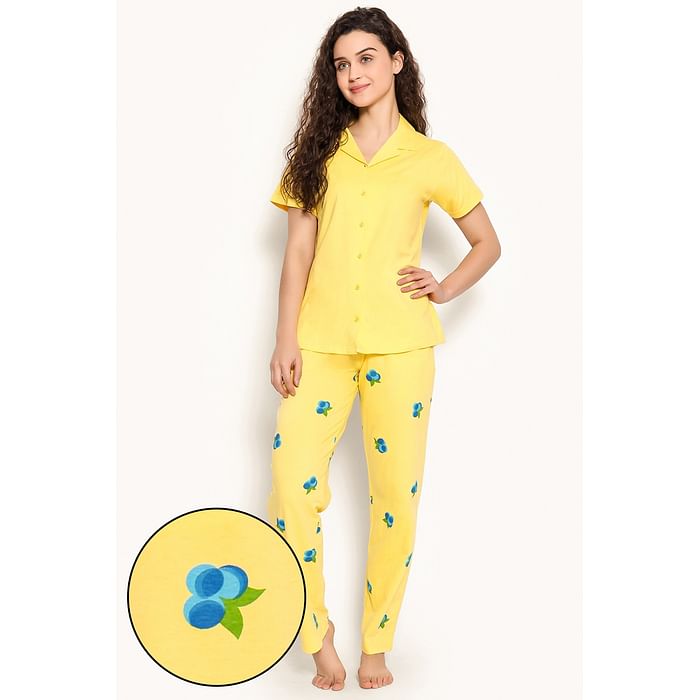 

Clovia Tutti Fruity Button Down Shirt & Pyjama Set in Yellow - 100% Cotton - LS0025F02, Light yellow