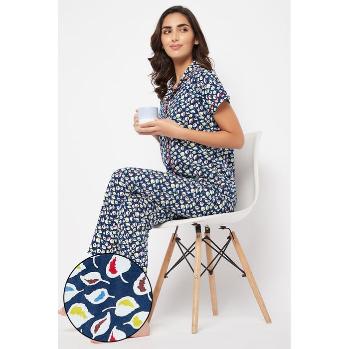 

Clovia Leaf Print Button Down Shirt & Pyjama Set in Navy - 100% Cotton - LS0025F08