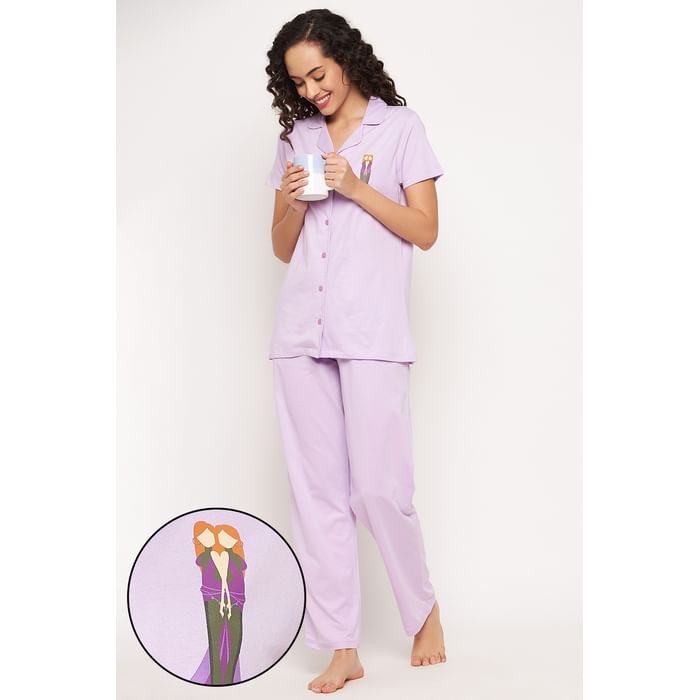 

Clovia Gemini Print Button Down Shirt & Pyjama Set in Lilac - 100% Cotton - LS0025F12, Lavender