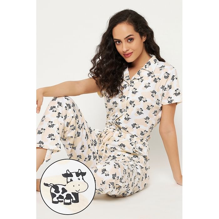 

Clovia Cow Print Button Down Shirt & Pyjama Set in White - 100% Cotton - LS0025F18