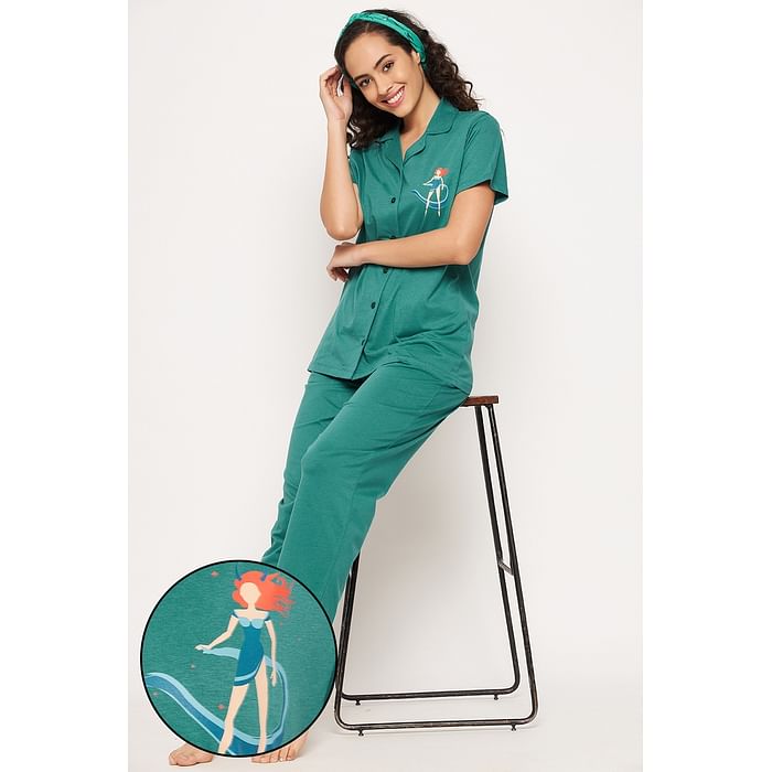 

Clovia Taurus Print Button Down Shirt & Pyjama Set in Teal Green - 100% Cotton - LS0025F36