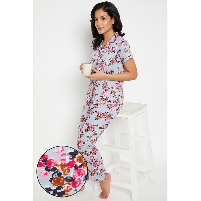 

Clovia Pretty Florals Button Down Shirt & Pyjama Set in Light Grey - 100% Cotton - LS0025G01