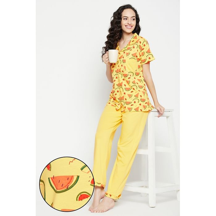 

Clovia Tutti Fruity Button Down Shirt & Chic Basic Pyjama Set in Yellow - 100% Cotton - LS0025G02, Light yellow