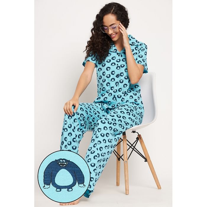 

Clovia Monster Emoji Print Button Down Shirt & Pyjama Set in Sky Blue - 100% Cotton - LS0025G03, Light blue