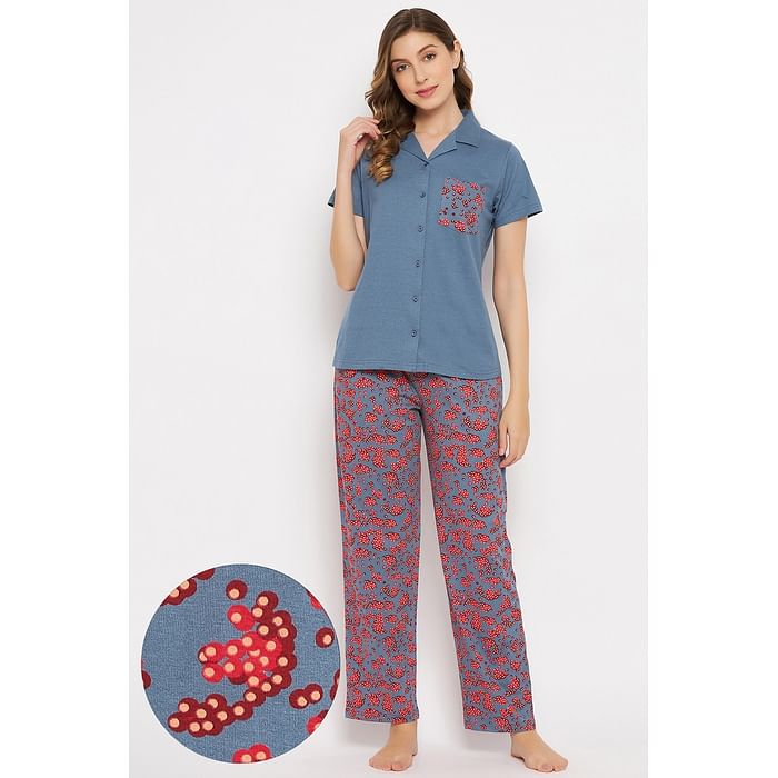 

Clovia Print Me Pretty Button Down Shirt & Pyjama Set in Yale Blue - 100% Cotton - LS0025G08, Navy