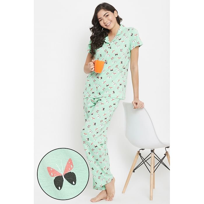 

Clovia Button Me Up Butterfly Print Shirt & Pyjama in Mint Green - 100% Cotton - LS0025G11, Light green