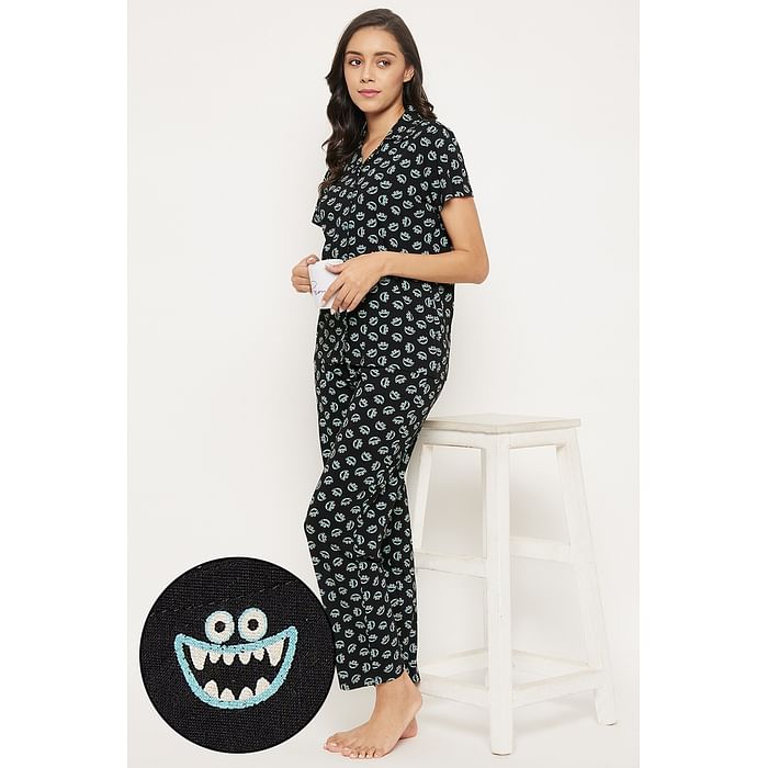 

Clovia Monster Emoji Print Button Down Shirt & Pyjama Set in Black - 100% Cotton - LS0025G13