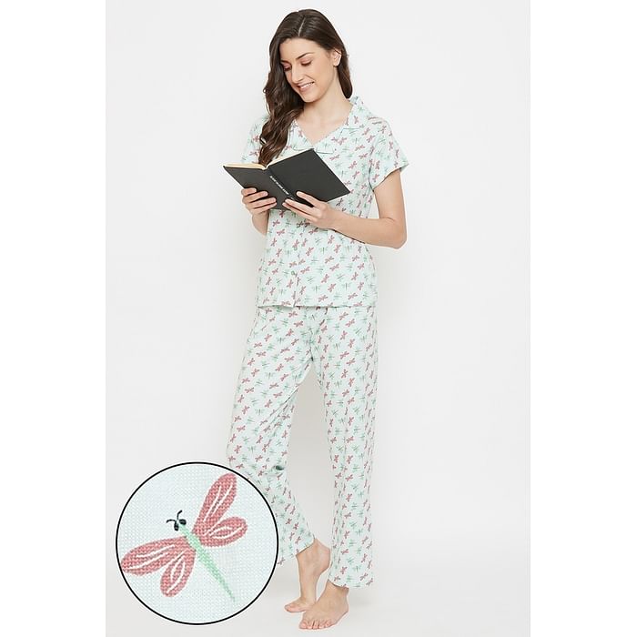 

Clovia Dragonfly Print Top & Pyjama in Mint Green - 100% Cotton - LS0025H03, Light blue