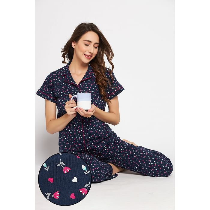 

Clovia Pretty Florals Button Down Shirt & Pyjama Set in Navy - 100% Cotton - LS0025H08