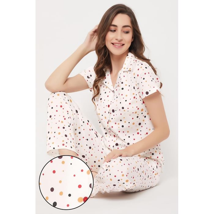 

Clovia Dot Print Button Down Shirt & Pyjama Set in White - 100% Cotton - LS0025H18