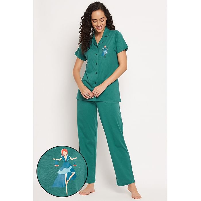 

Clovia Libra Print Button Down Shirt & Pyjama Set in Teal Green - 100% Cotton - LS0025H36