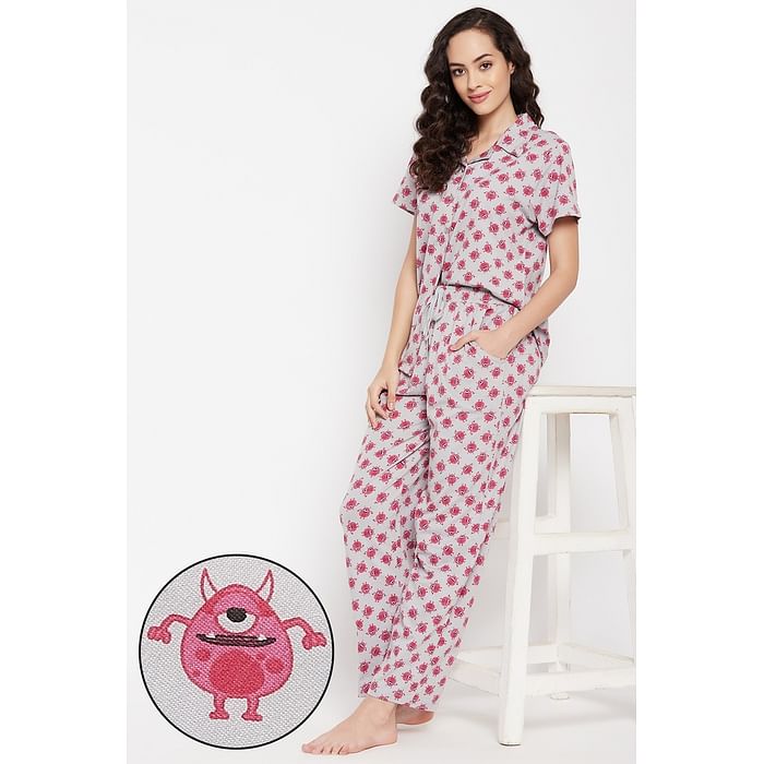 

Clovia Monster Emoji Print Button Down Shirt & Pyjama Set in Grey - 100% Cotton - LS0025J01, Light grey