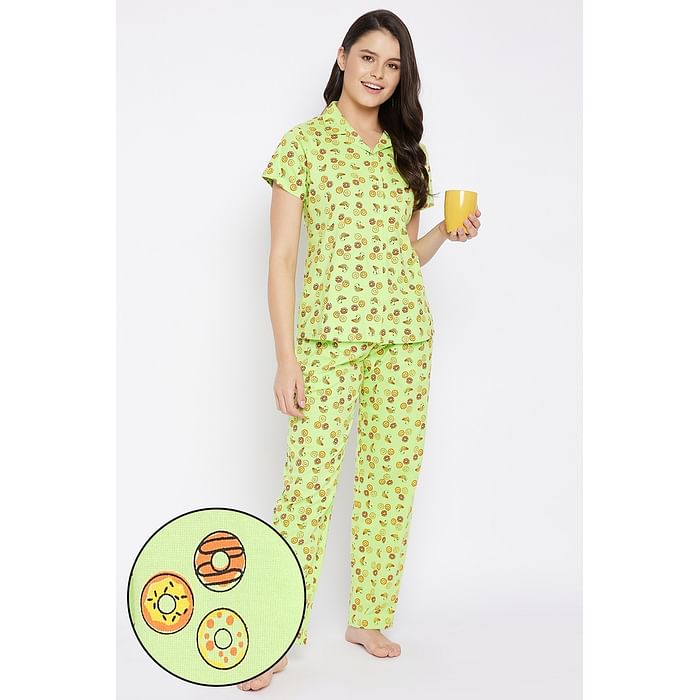 

Clovia Donut Print Button Down Shirt & Pyjama Set in Light Green - 100% Cotton - LS0025J11
