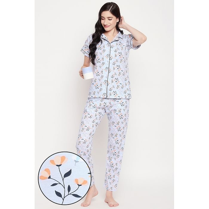 

Clovia Print Me Pretty Button Down Shirt & Pyjama Set in Powder Blue - 100% Cotton - LS0025L03, Light blue