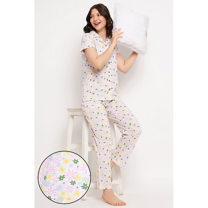 

Clovia Pretty Florals Button Down Shirt & Pyjama Set in White - 100% Cotton - LS0025M18