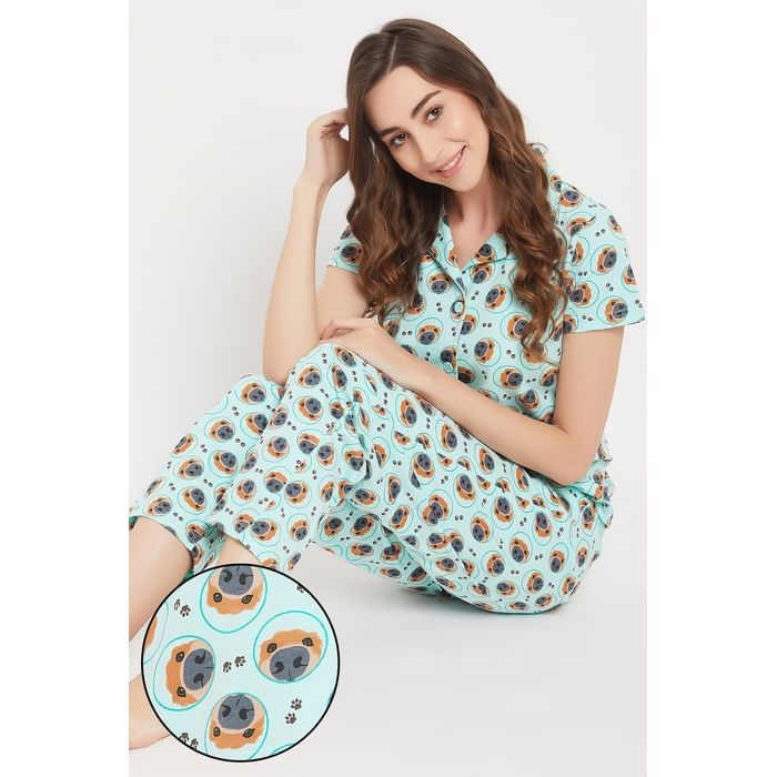 

Clovia Dog Print Button Down Shirt & Pyjama Set in Baby Blue - 100% Cotton - LS0025N03, Light blue