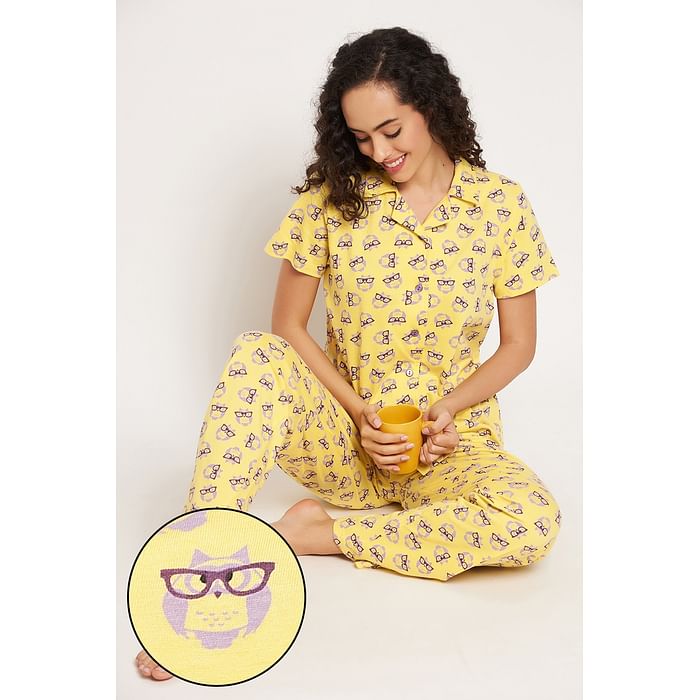 

Clovia Owl Print Button Down Shirt & Pyjama Set in Yellow - 100% Cotton - LS0025P02, Light yellow