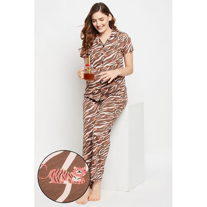 

Clovia Animal Print Button Down Shirt & Pyjama Set in Brown - 100% Cotton - LS0025P06