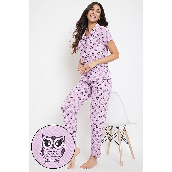 

Clovia Owl Print Button Down Shirt & Pyjama Set in Lilac - Cotton Rich - LS0025P12, Lavender
