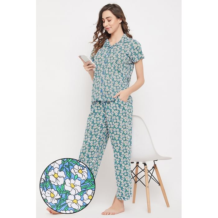 

Clovia Pretty Floral Button Down Shirt & Pyjama Set in Light Blue - 100% Cotton - LS0025Q03