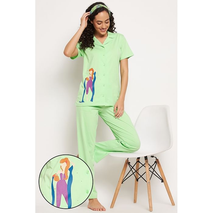 

Clovia Aquarius Print Button Down Shirt & Pyjama Set in Mint Green - 100% Cotton - LS0025Q11, Light green