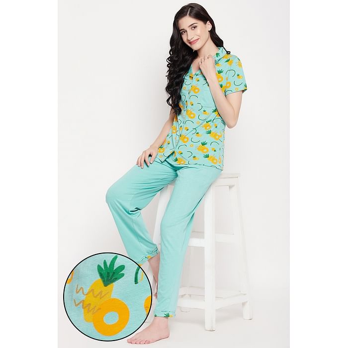 

Clovia Tutti Fruity Button Down Shirt & Chic Basic Pyjama Set in Sky Blue - 100% Cotton - LS0025T03, Light blue