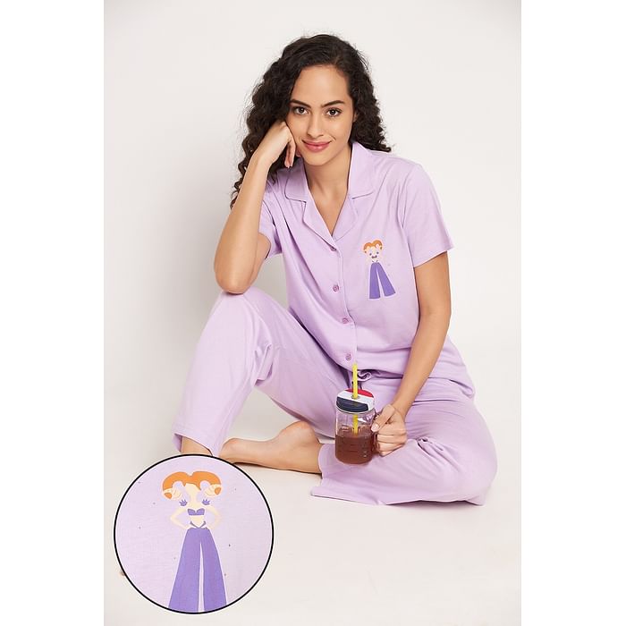 

Clovia Aries Print Button Down Shirt & Pyjama Set in Lilac - 100% Cotton - LS0025T12, Lavender