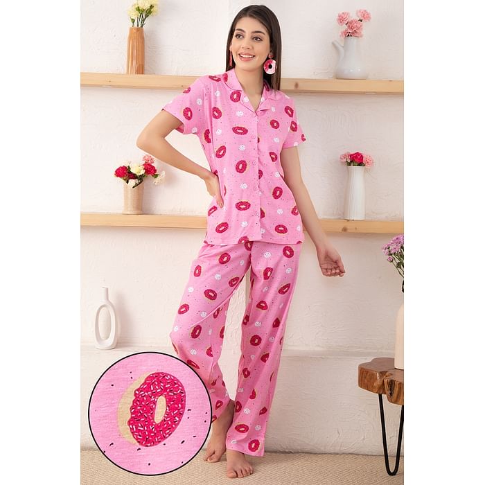 

Clovia Donut Print Button Down Shirt & Pyjama Set in Pink - 100% Cotton - LS0025T22, Light pink