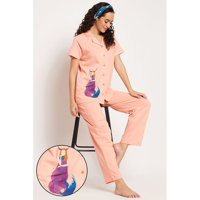 

Clovia Capricorn Print Button Down Shirt & Pyjama Set in Salmon Pink - 100% Cotton - LS0025V22, Light pink