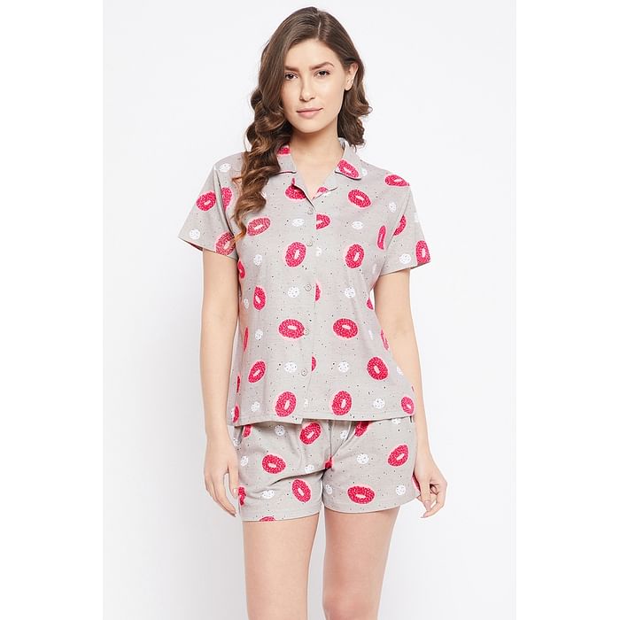 

Clovia Donut Print Button Down Shirt & Shorts Set in Light Grey - 100% Cotton - LS0094E01
