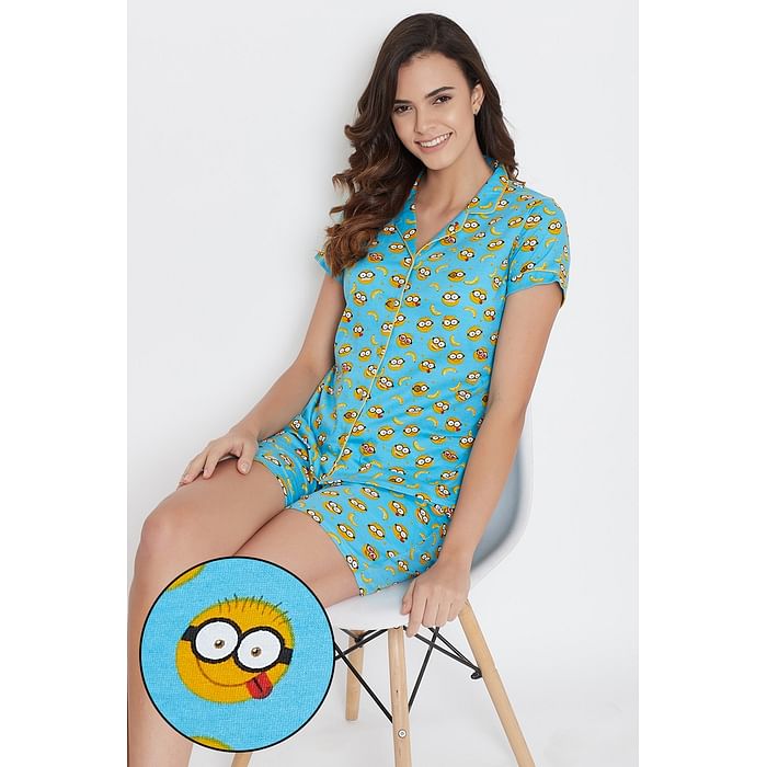 

Clovia Smiley Print Button Down Shirt & Shorts Set in Sky Blue - 100% Cotton - LS0094E03, Light blue
