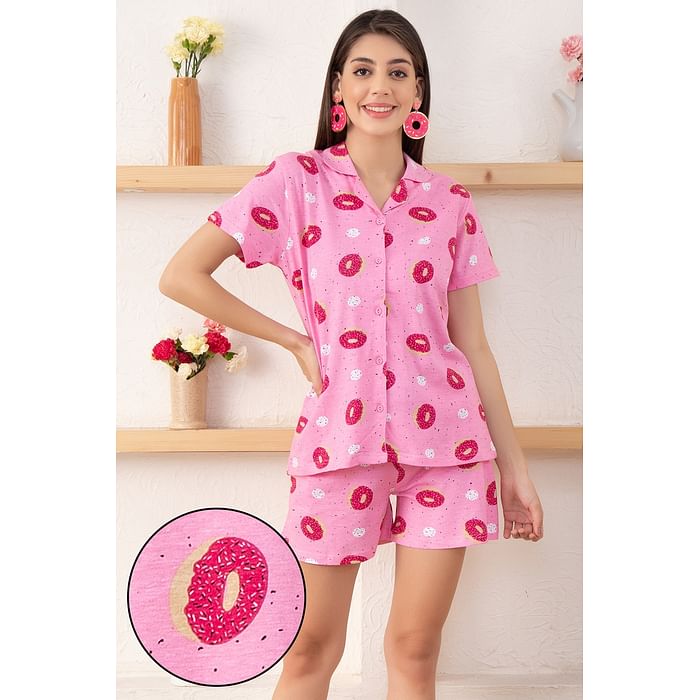 

Clovia Donut Print Button Me Up Shirt & Shorts Set in Pink - 100% Cotton - LS0094G22, Light pink