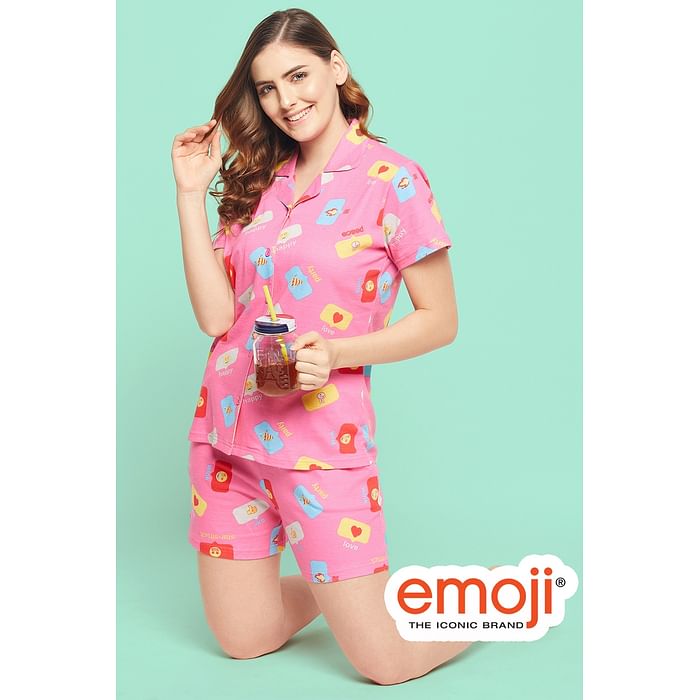 

Clovia Emoji Print Button Down Shirt & Shorts Set in Pink - 100% Cotton - LS0094I22, Light pink