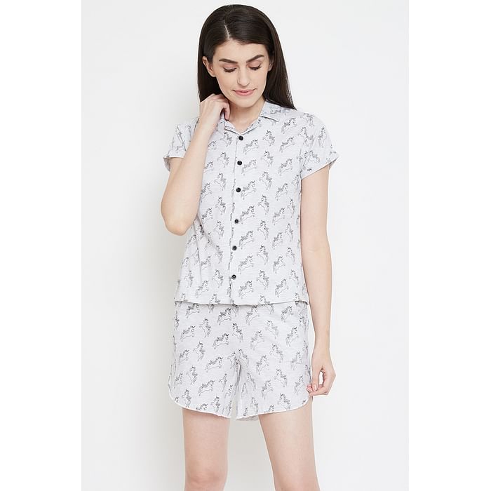 

Clovia Button Down Unicorn Shorts & Shirt Set in Light Grey- 100% Cotton - LS0094P01