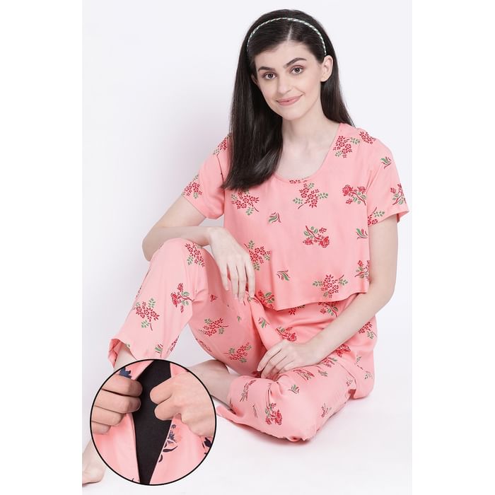 

Clovia Feeding Print Me Pretty Layered Top & Pyjama in Peach - Rayon - LS0132P34, Teal