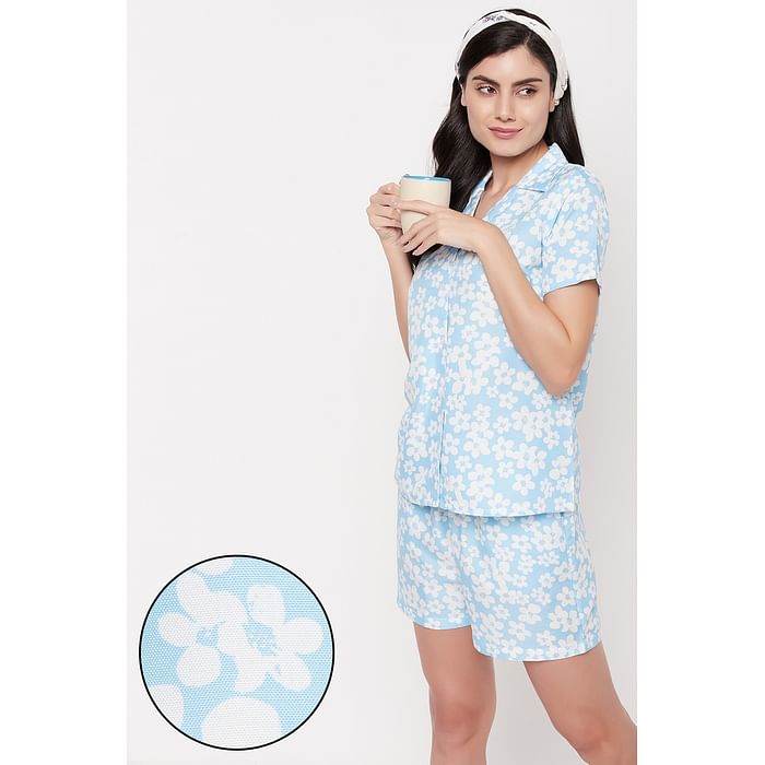 

Clovia Pretty Florals Button Down Shirt & Shorts Set in Sky Blue - Rayon - LS0141D03, Light blue
