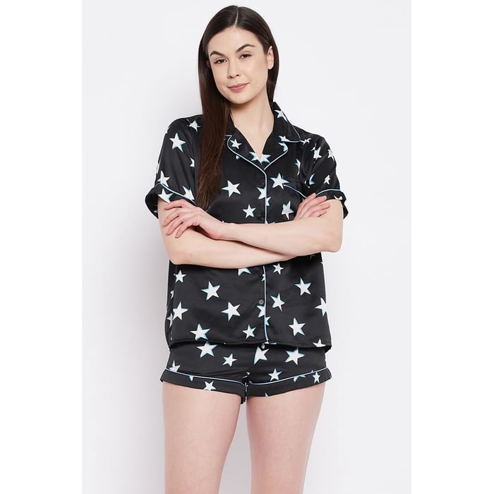 

Clovia Star Print Button Me Up Shirt & Shorts Set in Black - Satin - LS0141E13