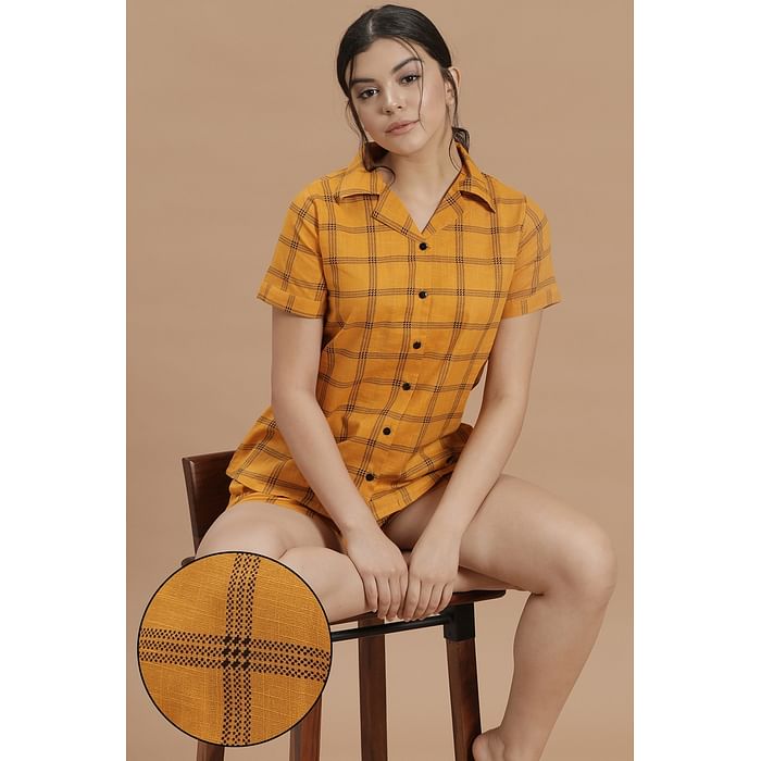 

Clovia Button Down Checked Shirt & Shorts Set in Mustard- 100% Cotton - LS0141P07