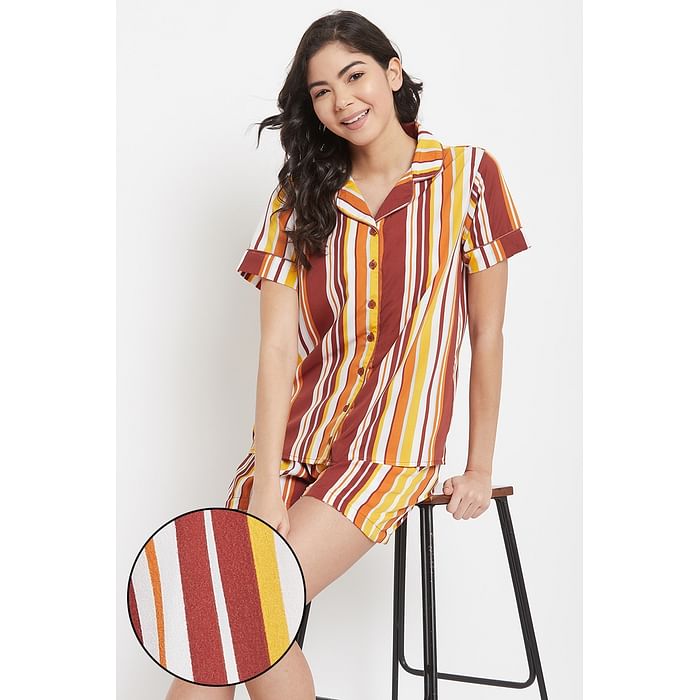 

Clovia Sassy Stripes Button Me Up Shirt & Shorts Set in Multicolour - Crepe - LS0141P19