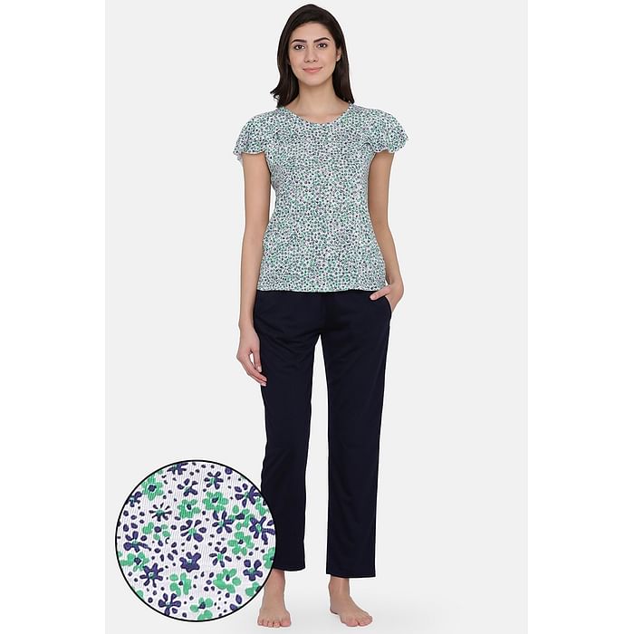 

Clovia Pretty Florals Top & Solid Pyjama in White & Navy - Cotton Rich - LS0221A08