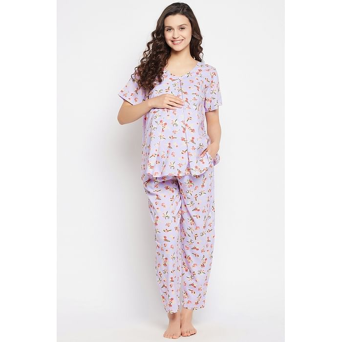 

Clovia Pretty Florals Feeding Top & Pyjama Set in Lilac - Rayon - LS0263D12, Lavender