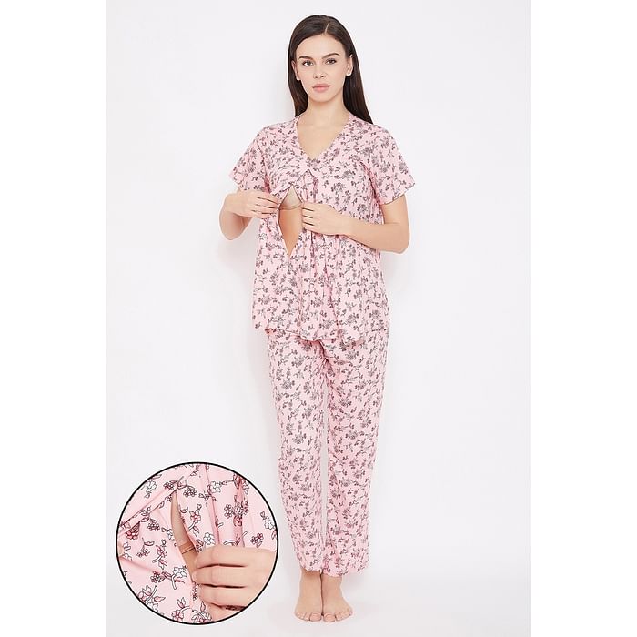 

Clovia Feeding Pretty Florals Top & Pyjama in Pink - Rayon - LS0263D22, Light pink
