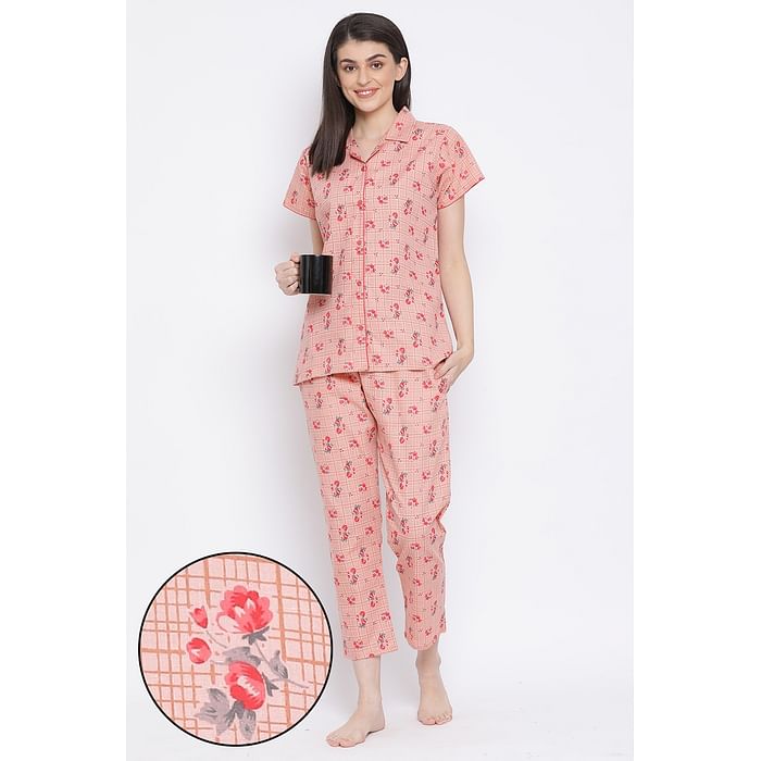

Clovia Button Me Up Floral Print Shirt & Pyjama Set in Peach - 100% Cotton - LS0264D22, Light pink