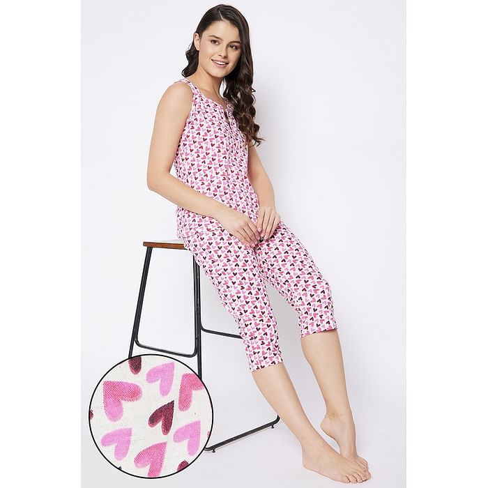 

Clovia Heart Print Top & Capri Set in White - 100% Cotton - LS0266P18
