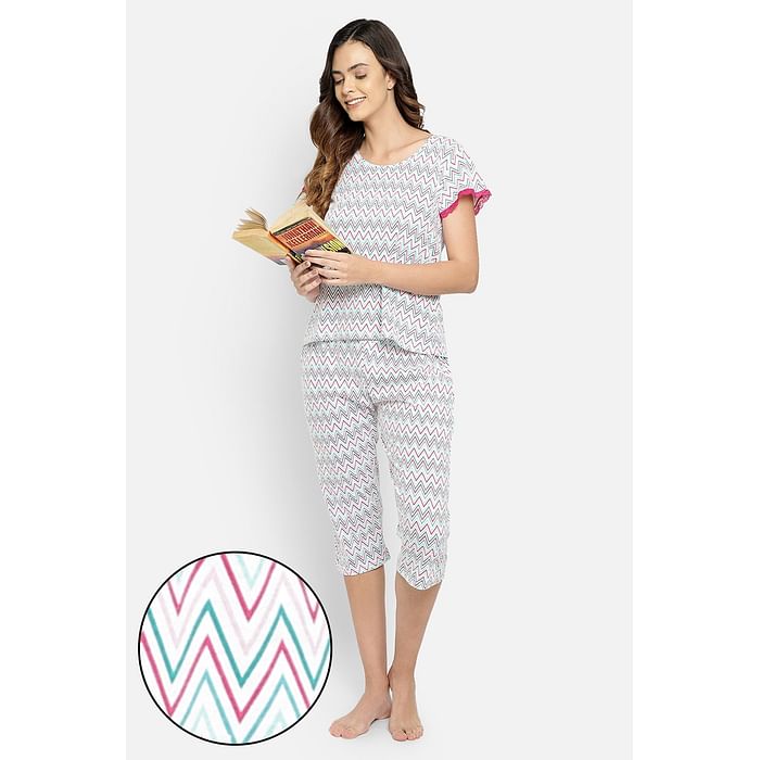 

Clovia Chevron Print Top & Capri Set in White - Cotton Rich & Lace - LS0271A18