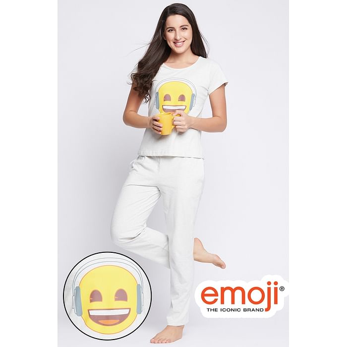 

Clovia Emoji Print Top & Solid Pyjama Set in Light Grey - Cotton - LS0310P01