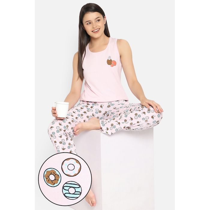

Clovia Donut Print Top & Pyjama Set in Baby Pink - 100% Cotton - LS0344D22, Light pink