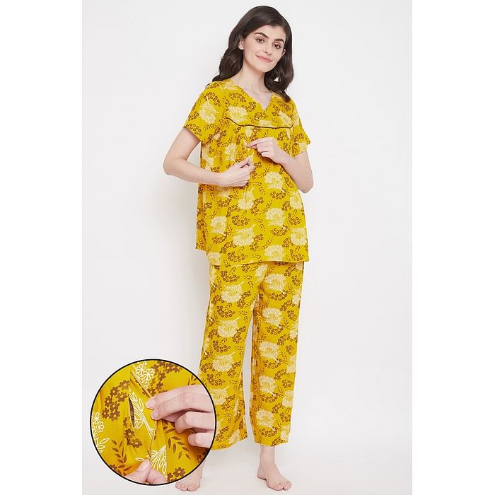 

Clovia Feeding Pretty Florals Top & Pyjama in Yellow - Rayon - LS0349P07, Mustard