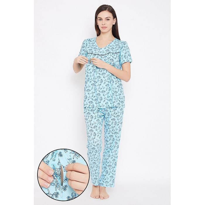 

Clovia Feeding Pretty Florals Top & Pyjama in Sky Blue - Rayon - LS0349P08, Navy