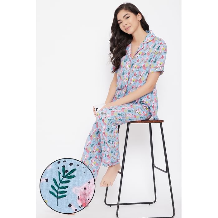 

Clovia Print Me Pretty Button Me Up Shirt & Pyjama in Powder Blue - Crepe - LS0385A03, Light blue